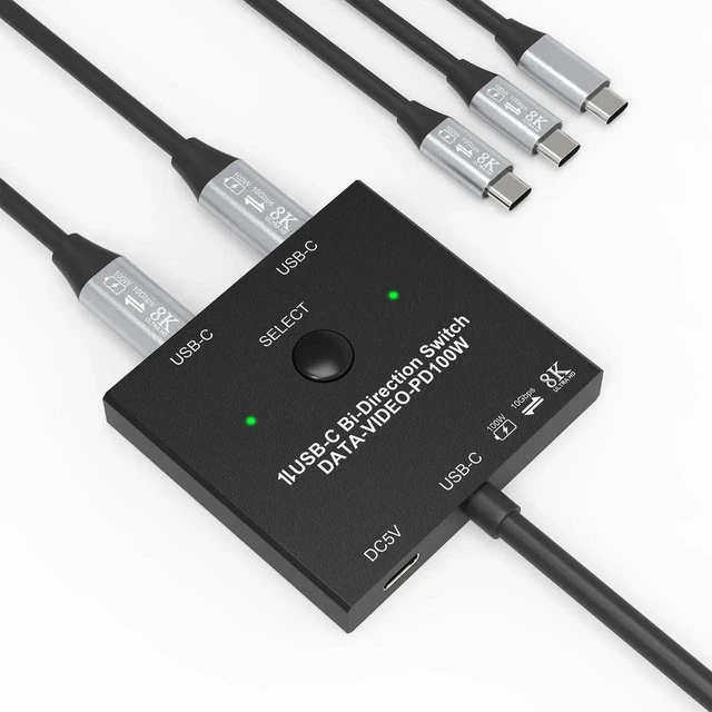 Main image of Bi-Directional 8K USB C Switch, 2 Port USB-C KVM Switch Splitter 8K@60Hz 4K@120Hz, Support 100W Charging 10Gbps Data Video Transfer with 2 USB-C Cables for 2 Computers