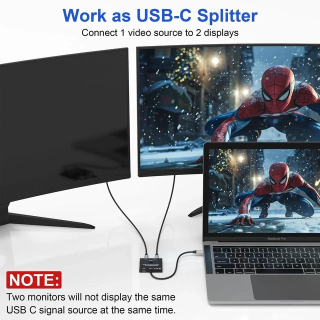 Alt view image 7 of 7 - Bi-Directional 8K USB C Switch, 2 Port USB-C KVM Switch Splitter 8K@60Hz 4K@120Hz, Support 100W Charging 10Gbps Data Video Transfer with 2 USB-C Cables for 2 Computers