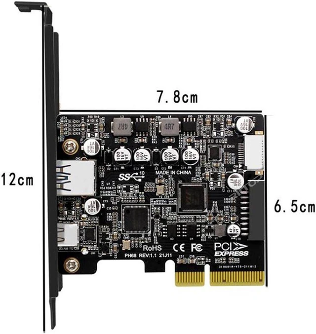 Alt view image 6 of 7 - PCIE to USB 3.2 Gen 2 Expansion Adapter Card 10Gbps, PCI-e Express to USB A and USB C Controller Card with Internal Type-E and 19/20pin Header for Front Panel Mount