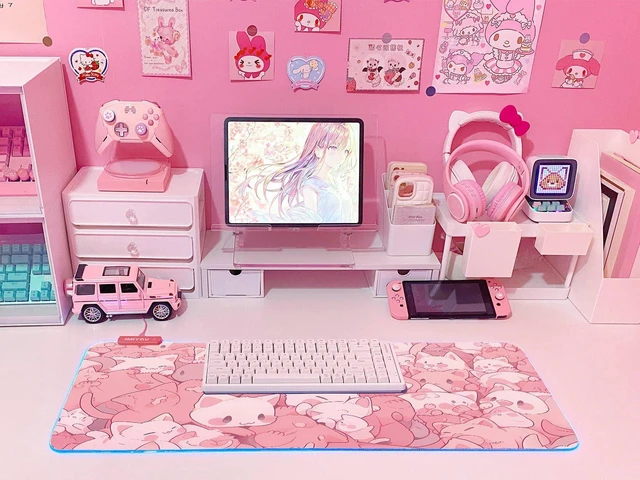 Alt view image 2 of 6 - Pink RGB Gaming Mouse Pad 31.5x12 Inch PC XL Large Extended Glowing Led Light Up Desk Pad Non-Slip Rubber Base Computer Cute Mousepad Mat Desk Accessories Gaming Setup Dreamy Cats