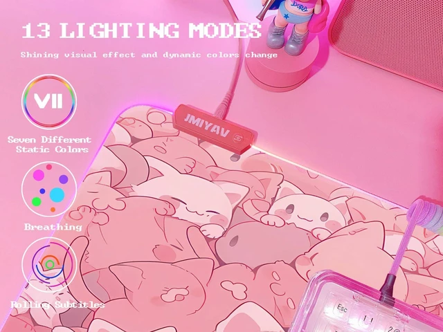 Alt view image 6 of 6 - Pink RGB Gaming Mouse Pad 31.5x12 Inch PC XL Large Extended Glowing Led Light Up Desk Pad Non-Slip Rubber Base Computer Cute Mousepad Mat Desk Accessories Gaming Setup Dreamy Cats