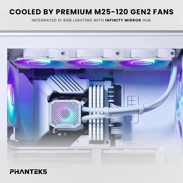 Alt view image 5 of 6 - Phanteks Glacier One 360M25 G2 AIO Liquid CPU Cooler, White, RGB Pump Cap Design, 3x Performance 120mm M25 G2 PWM RGB Fans, for Intel LGA 1700, 1851, 1200, 115x and AMD AM4/AM5 sockets, White