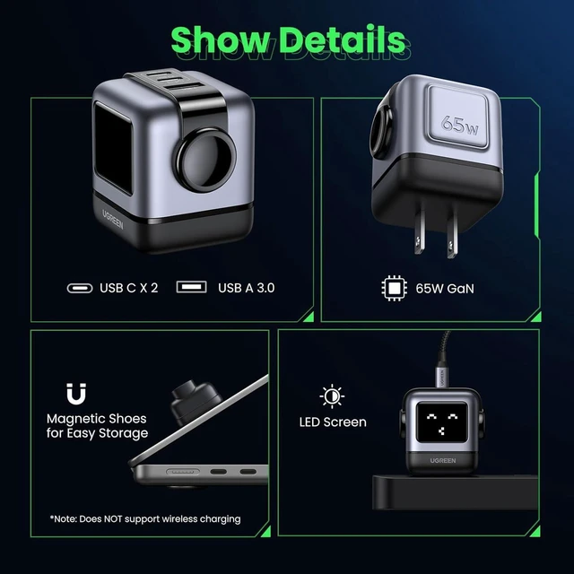 Alt view image 2 of 7 - UGREEN Uno 65W USB C Charging Block Nexode 3-Port GaN Charger Compact Fast USB C Power Adapter for MacBook Pro/Air, XPS 13, Note 20/10+, iPhone 16/15, Galaxy S24/S23, Steam Deck, ROG Ally(Black)