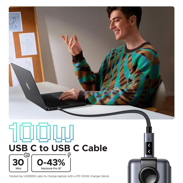 Alt view image 5 of 7 - UGREEN Uno USB C Cable 100W with LED Display, Fast Charging, 6.6ft, Black | For iPhone 17/16/15, MacBook Pro/Air, iPad Pro/Air/Mini, Galaxy S26/S25/S24, Dell XPS, Pixel, Switch, and more