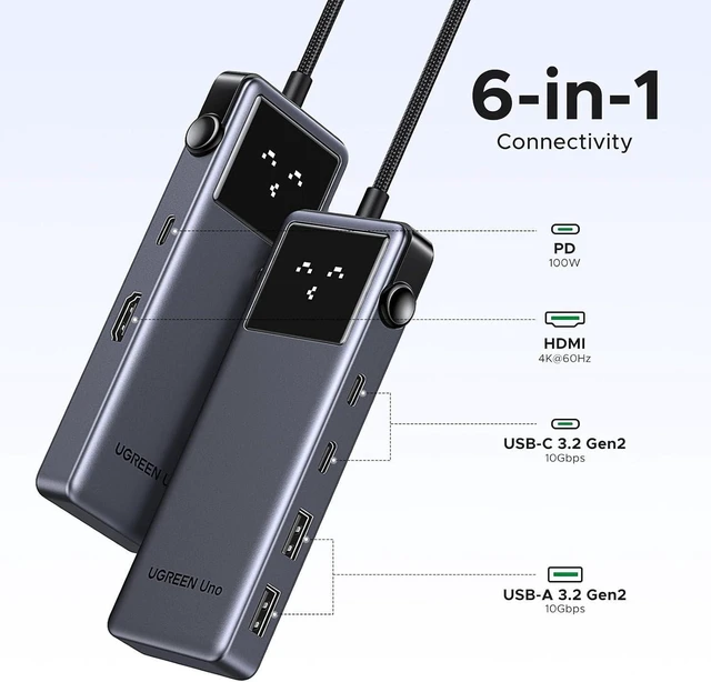 Alt view image 4 of 7 - UGREEN Uno 6 in 1 USB-C Hub with 10Gbps USB-C & USB-A Data Ports 4K@60Hz HDMI for MacBook Pro/Air, iPad Pro, Surface, XPS, Thinkpad and More.