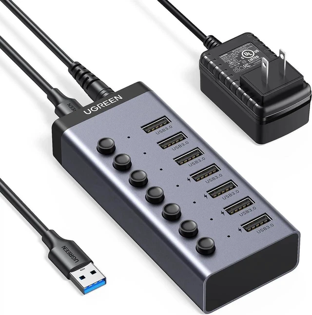 Main image of UGREEN Powered USB 3.0 Hub, 7-Port USB Adapter with 4 Smart Charging Ports, USB Splitter with Individual Led On/Off Switches and Power Adapter, USB Ports Extender for Laptop PC