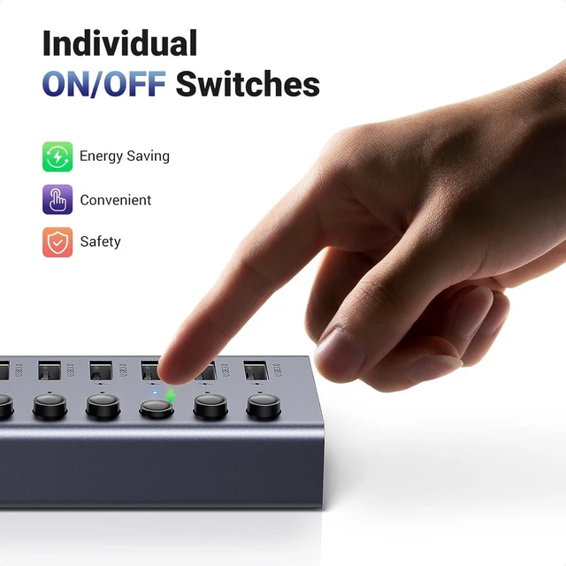 Alt view image 4 of 7 - UGREEN Powered USB 3.0 Hub, 7-Port USB Adapter with 4 Smart Charging Ports, USB Splitter with Individual Led On/Off Switches and Power Adapter, USB Ports Extender for Laptop PC
