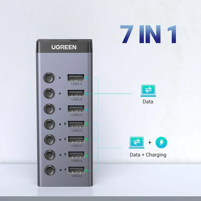 Alt view image 2 of 7 - UGREEN Powered USB 3.0 Hub, 7-Port USB Adapter with 4 Smart Charging Ports, USB Splitter with Individual Led On/Off Switches and Power Adapter, USB Ports Extender for Laptop PC