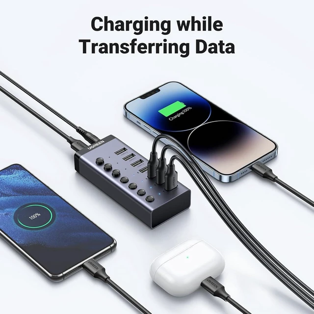 Alt view image 6 of 7 - UGREEN Powered USB 3.0 Hub, 7-Port USB Adapter with 4 Smart Charging Ports, USB Splitter with Individual Led On/Off Switches and Power Adapter, USB Ports Extender for Laptop PC