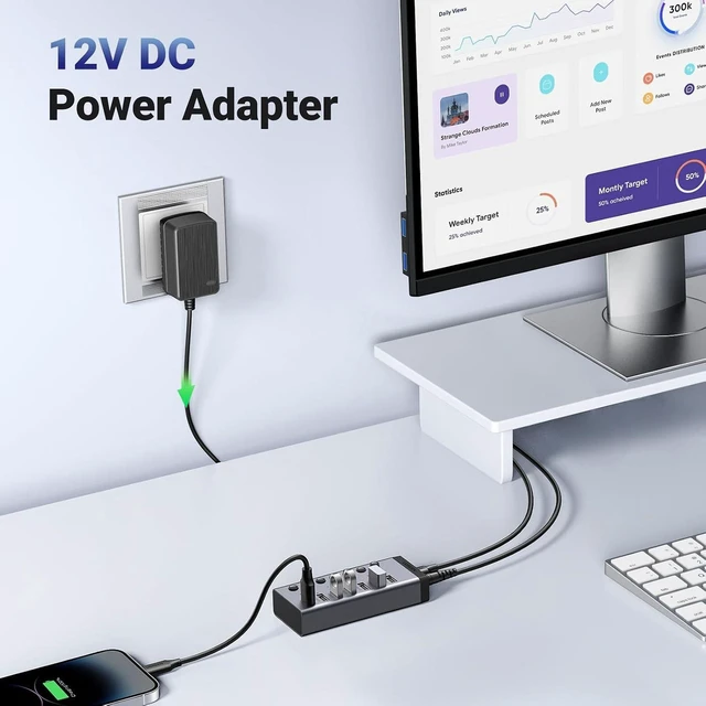 Alt view image 7 of 7 - UGREEN Powered USB 3.0 Hub, 7-Port USB Adapter with 4 Smart Charging Ports, USB Splitter with Individual Led On/Off Switches and Power Adapter, USB Ports Extender for Laptop PC