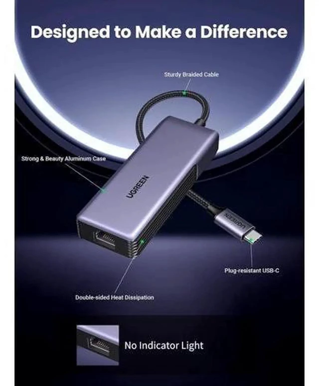 Alt view image 3 of 6 - UGREEN USB C to Ethernet Adapter 5Gb, Ethernet Adapter for Laptop, Aluminum with Thermal Design, Type C (Thunderbolt 5/4/3 Compatible) to RJ45 Network LAN Internet, Compatible for MacBook Air/Pro, XPS