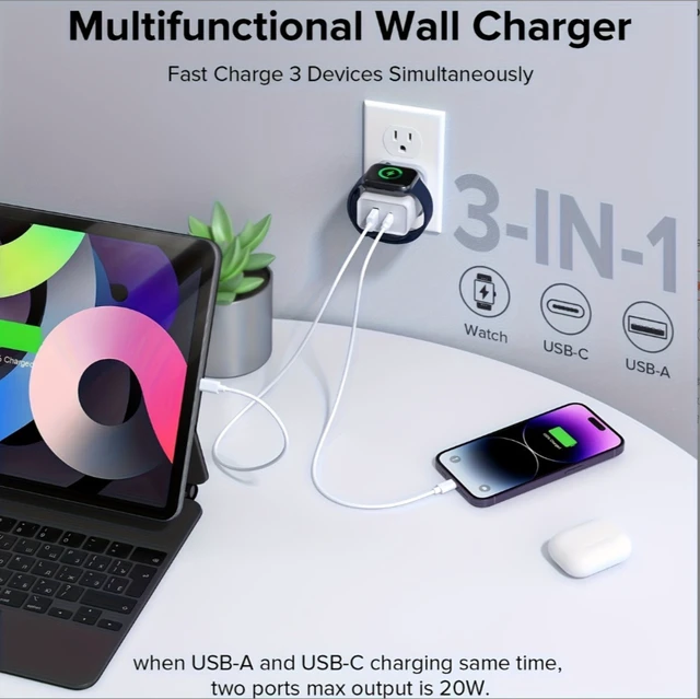 Alt view image 4 of 5 - Applicable to Apple Watch wireless charger, iWatch magnetic charging, A port, C port, iPhone mobile phone, DP fast charging adapter
