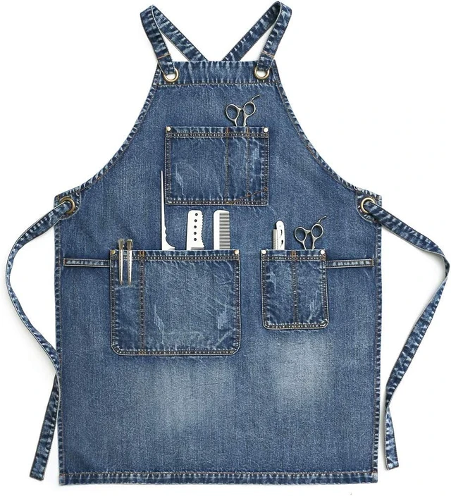 Main image of Delantal de mezclilla con bolsillos para mujer y hombre - Estilo de lavado | Ajustable S a XXL, Azul mezclilla