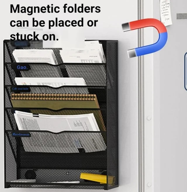 Alt view image 5 of 7 - Magnetic storage rack, wall-mounted without drilling, iron art wall-mounted frame, multi-layer file storage rack, multi-functional