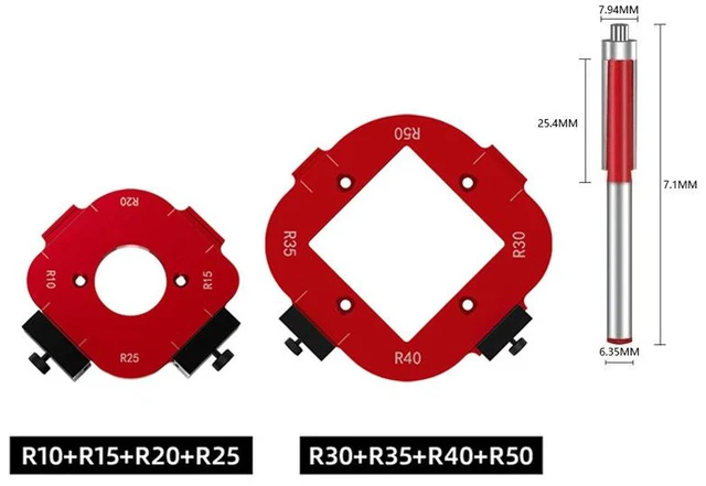Main image of Woodworking Radius Template Set with Router Bit, 2pc Arc Corner Jig + Trimming Bit Red