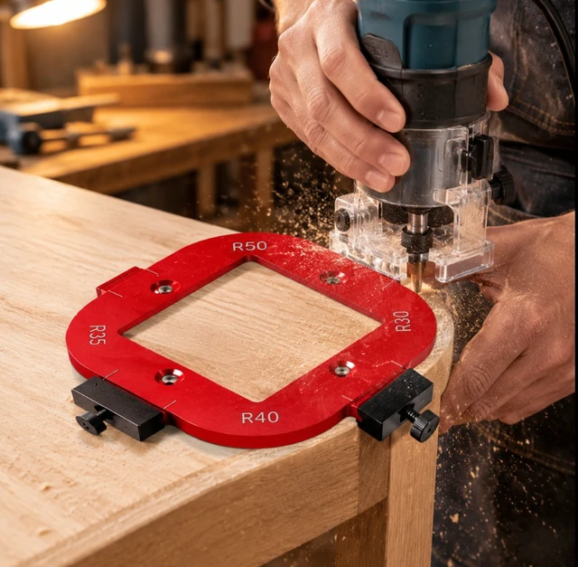 Alt view image 3 of 6 - Woodworking Radius Template Set with Router Bit, 2pc Arc Corner Jig + Trimming Bit Red
