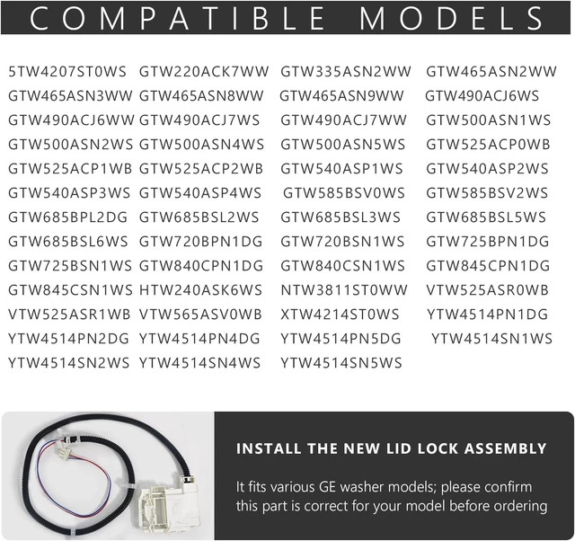 Alt view image 4 of 7 - WH08X32657 WH08X37937 WH08X31222 Kit de Cerradura y Arnés de Tapa de Lavadora Compatible para Lavadoras GE Específicas, Kit de Cerradura de Tapa y Percutor Interruptor
Compatible for Specific GE Washi