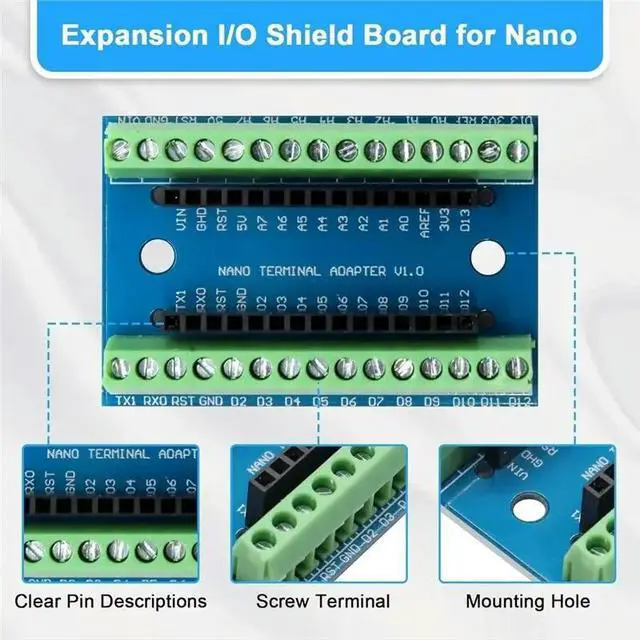Alt view image 5 of 6 - Nano V3 Module With CH340 Microchip + Nano I/O Shield V1.0 Simple Expansion Board With Screw Terminals For Nano