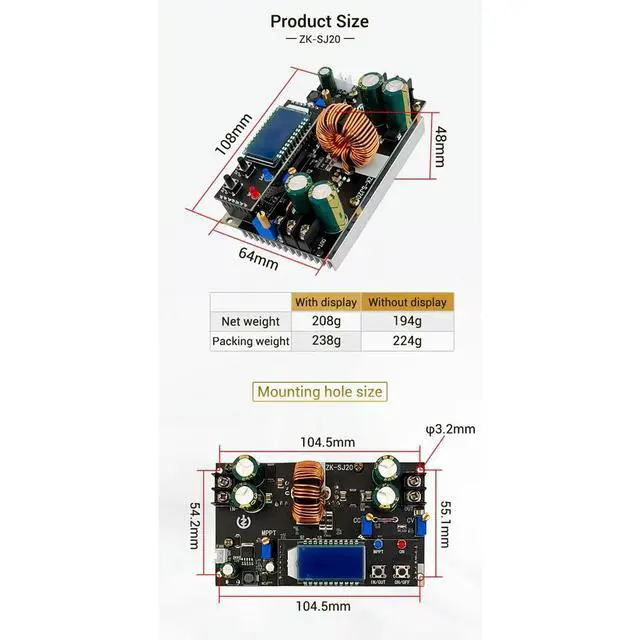 Alt view image 3 of 3 - ZK-SJ20 MPPT Buck Boost Converter Power Supply Module Adjustable Board With LCD Display