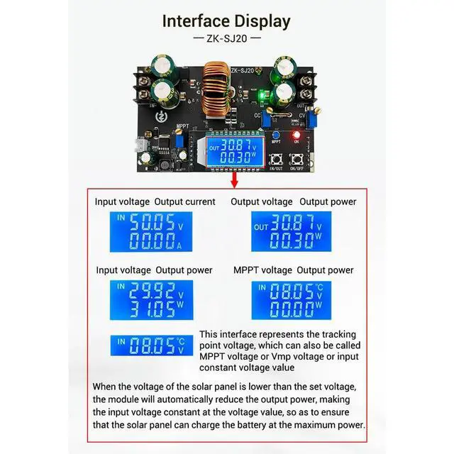 Alt view image 2 of 3 - ZK-SJ20 MPPT Buck Boost Converter Power Supply Module Adjustable Board With LCD Display