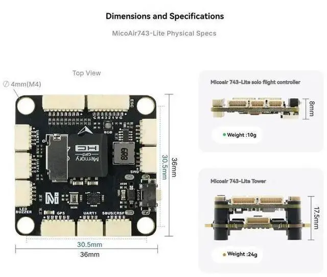 Alt view image 2 of 3 - Micoair743 Lite FPV Stack H743 60A 4In1 ESC Flight Controller PX4 Firmware Bluetooth Configuration