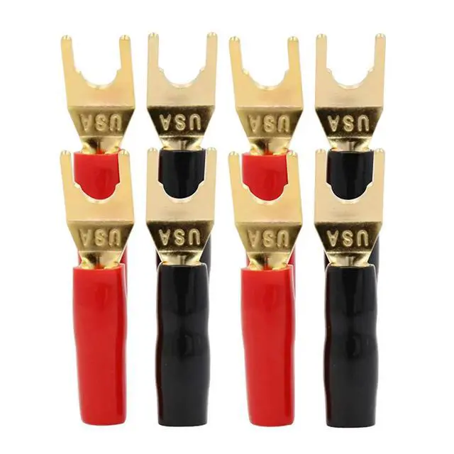 Alt view image 2 of 3 - Y Plug Spade Connector for Speaker Wire,8 Pcs Y Spade Plug 45 Degree Gold Plated U Fork Spade Plug Connector