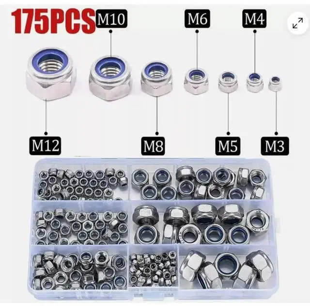 Alt view image 3 of 3 - 175pcs Hex Nylon Insert Self Lock Nut Nylock Locknut Assortment Kit Set M3 M4 M5 M6 M8 M10 M12 Stainless Steel