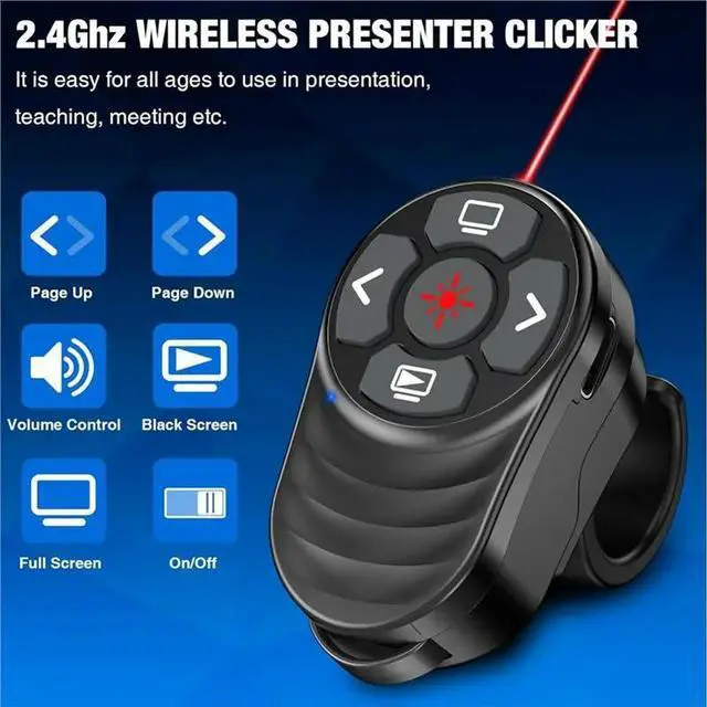 Alt view image 6 of 6 - Presenter Clicker 2.4G Bluetooth Dual Mode With Red Laser Finger Ring For Powerpoint, Mac