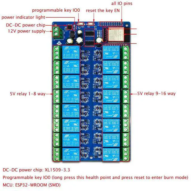 Main image of ESP32 16 Way Relay Module Development Board DC 5V-12V for Home ESP32-WROOM Secondary Development Module Relay Board