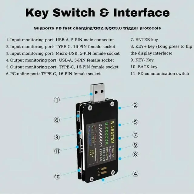 Alt view image 5 of 6 - 6.5A Multifunctional USB Voltage Ammeter Power Meter Tester Fast Charge 1.77 Inch HD Display PD QC 3.0 Current Tester