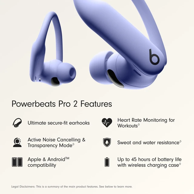 Alt view image 2 of 7 - Apple Powerbeats Pro 2 Earset - Stereo - True Wireless - Bluetooth - Earbud, Over-the-ear, On-ear - Binaural - In-ear - Echo Cancelling Microphone - Noise Canceling - Hyper Purple