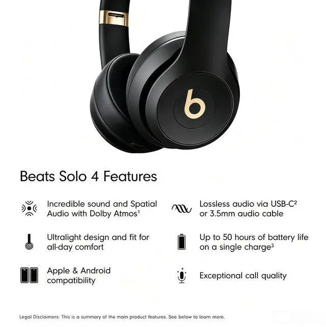 Alt view image 7 of 7 - Beats Solo 4 - Wireless On-Ear Bluetooth Headphones, Ultra-Lightweight Comfort, Powerful and Balanced Sound, Apple & Android Compatible - Black & Gold