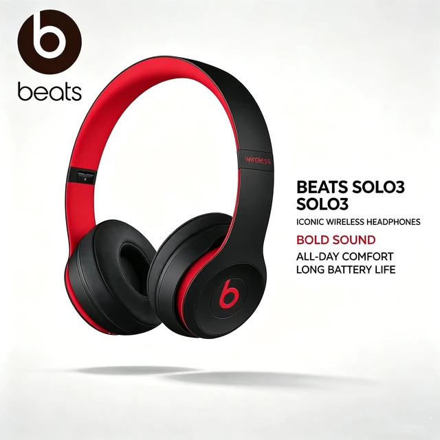 Main image of Beats Solo3 Wireless Headphones, Black Red, Bluetooth On-Ear Headset, Class 1 Wireless, 40-Hour Battery, Fast Fuel Charging, Foldable Cushioned Ear Cups, Built-In Mic, Powerful Bass Sound for Music, T