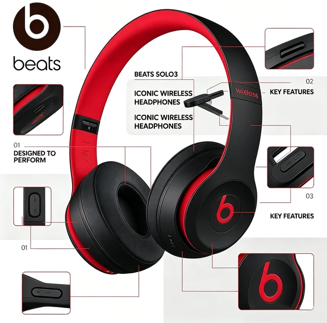 Alt view image 7 of 7 - Beats Solo3 Wireless Headphones, Black Red, Bluetooth On-Ear Headset, Class 1 Wireless, 40-Hour Battery, Fast Fuel Charging, Foldable Cushioned Ear Cups, Built-In Mic, Powerful Bass Sound for Music, T