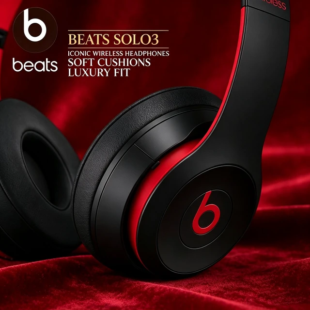 Alt view image 4 of 7 - Beats Solo3 Wireless Headphones, Black Red, Bluetooth On-Ear Headset, Class 1 Wireless, 40-Hour Battery, Fast Fuel Charging, Foldable Cushioned Ear Cups, Built-In Mic, Powerful Bass Sound for Music, T