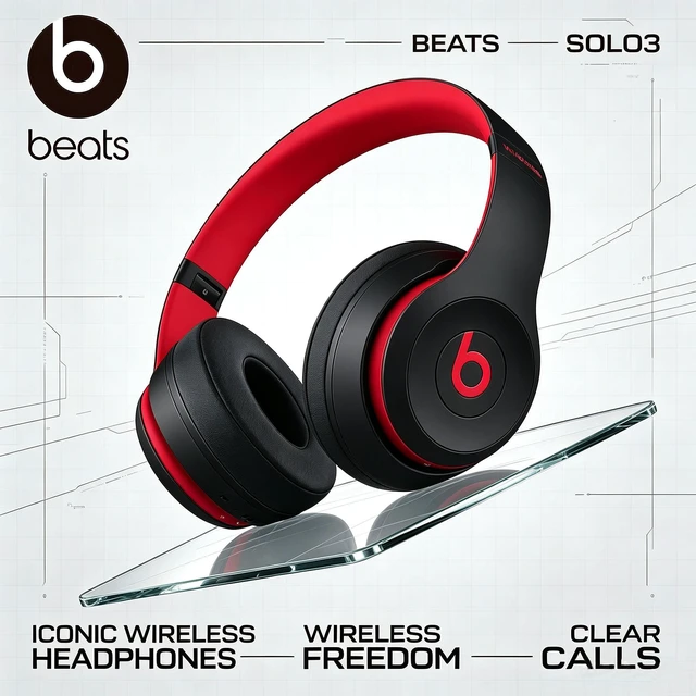 Alt view image 3 of 7 - Beats Solo3 Wireless Headphones, Black Red, Bluetooth On-Ear Headset, Class 1 Wireless, 40-Hour Battery, Fast Fuel Charging, Foldable Cushioned Ear Cups, Built-In Mic, Powerful Bass Sound for Music, T