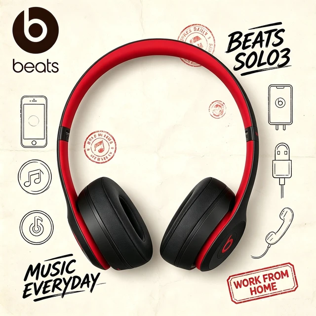 Alt view image 6 of 7 - Beats Solo3 Wireless Headphones, Black Red, Bluetooth On-Ear Headset, Class 1 Wireless, 40-Hour Battery, Fast Fuel Charging, Foldable Cushioned Ear Cups, Built-In Mic, Powerful Bass Sound for Music, T