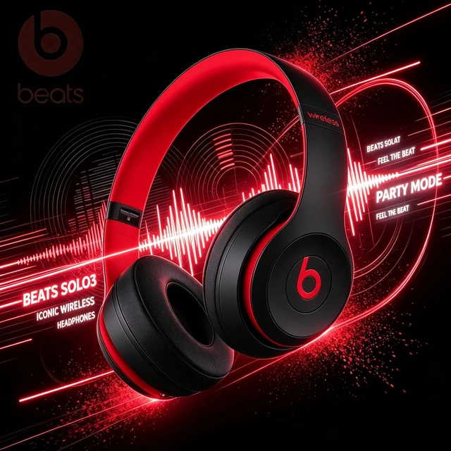 Alt view image 5 of 7 - Beats Solo3 Wireless Headphones, Black Red, Bluetooth On-Ear Headset, Class 1 Wireless, 40-Hour Battery, Fast Fuel Charging, Foldable Cushioned Ear Cups, Built-In Mic, Powerful Bass Sound for Music, T