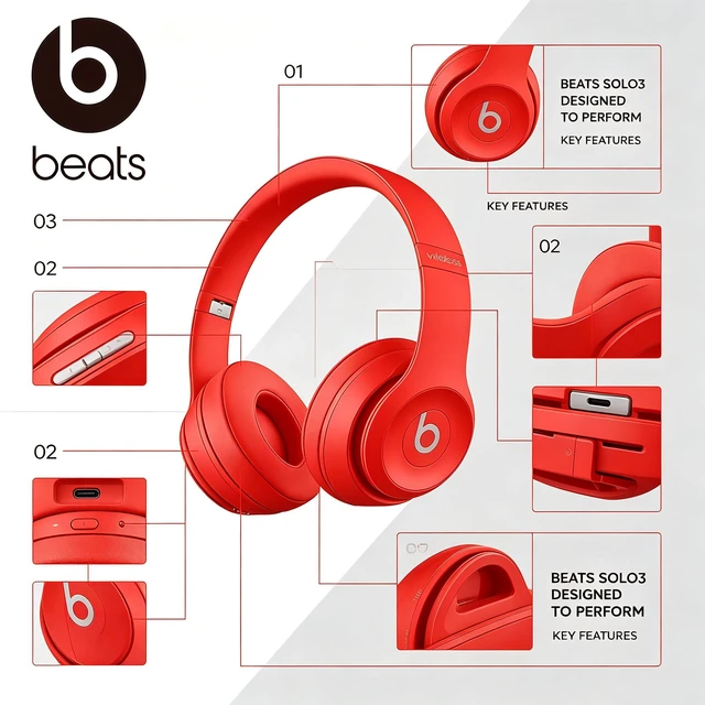 Alt view image 6 of 7 - Beats Solo3 Wireless On-Ear Headphones, Red, Bluetooth Stereo Headset, Apple W1 Chip, Up to 40 Hours of Listening, Fast Fuel, Adjustable Cushioned Ear Cups, Foldable Design, Clear Microphone, Rich Sou