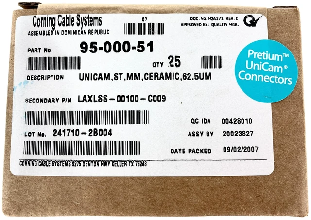 Alt view image 2 of 5 - Corning 95-000-51 UniCam Pretium ST OM1 62.5um Multimode Connectors, 25 Pack - Refurbished