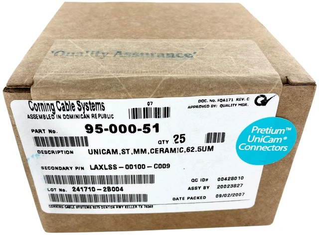 Main image of Corning 95-000-51 UniCam Pretium ST OM1 62.5um Multimode Connectors, 25 Pack - Refurbished