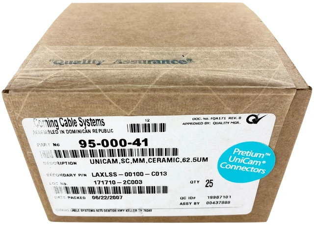 Main image of Corning 95-000-41 UniCam Pretium SC OM1 62.5um Multimode Connectors, 25 Pack - Refurbished