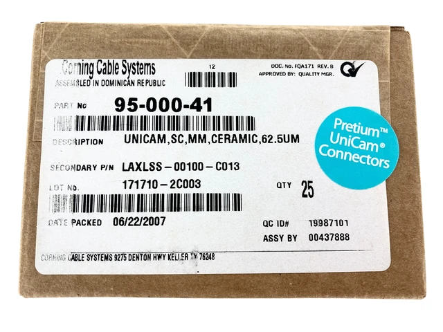 Alt view image 2 of 5 - Corning 95-000-41 UniCam Pretium SC OM1 62.5um Multimode Connectors, 25 Pack - Refurbished