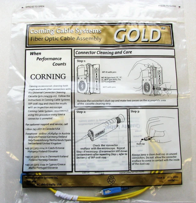 Alt view image 4 of 4 - Corning Gold 586101R3131001M Fiber Optic Cable SC to ST, Simplex, SM OS2 Yellow