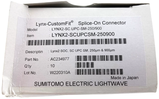 Alt view image 2 of 7 - Sumitomo Electric Lightwave Lynx2 SC/UPC Single-Mode Splice-On Fiber Optic Connectors, 250/900 µm, Box of 10