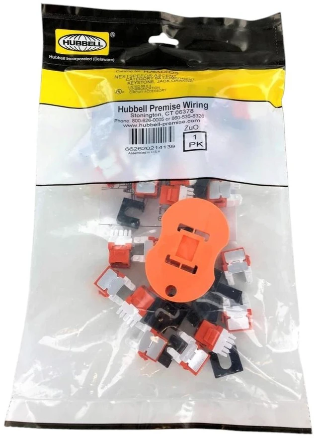 Alt view image 2 of 4 - Hubbell HJ6AOR25 Nextspeed Ascent 10GbE Universal Wired Cat6a Keystone RJ45 Ethernet Jack, Orange 25 Pack