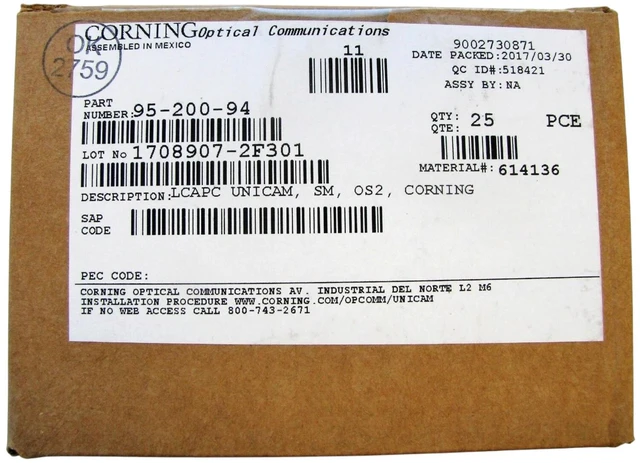 Alt view image 4 of 4 - Corning 95-200-94 Unicam LC OS2 Singlemode Fiber Optic Connector, APC Polish, Box of 25