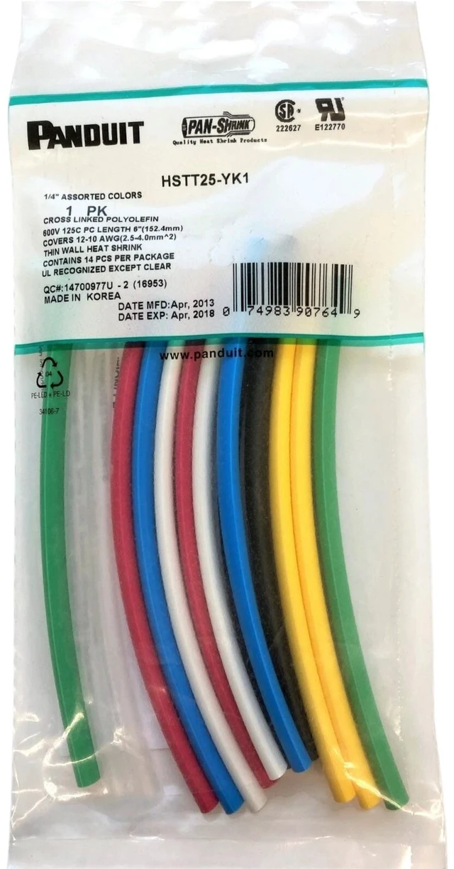 Main image of Panduit HSTT25-YK1 Heat Shrink Tubing 1/4-Inch, 6-Inch Length, Assorted Colors, 14-Piece Pack - Expired April 2018