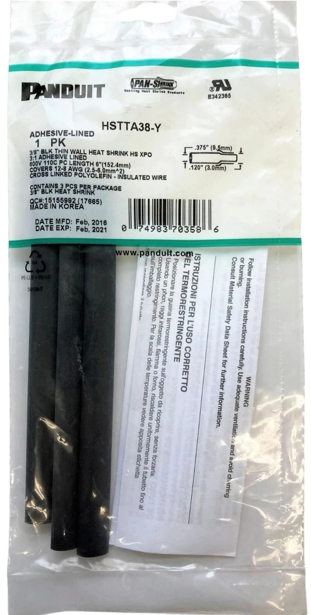 Main image of Panduit HSTTA38-Y Adhesive-Lined Heat Shrink Tubing 3/8-Inch, 6-Inch, Black, 3-Piece Pack - Expired February 2021