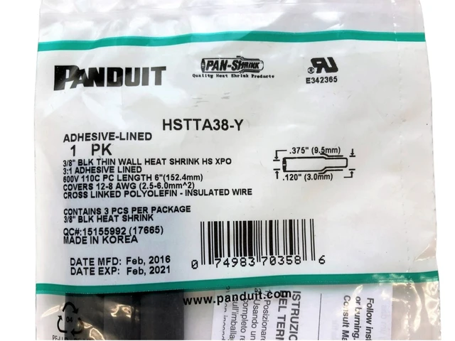 Alt view image 2 of 3 - Panduit HSTTA38-Y Adhesive-Lined Heat Shrink Tubing 3/8-Inch, 6-Inch, Black, 3-Piece Pack - Expired February 2021